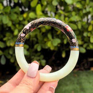 Vintage Chinese Light Jade & Cloisonné Enamel Bangle Bracelet Floral 1960s 70s